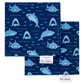 Funkins Reusable Cloth Napkins for Kids | 2-Ply, Thick, Absorbent, Durable | Machine Washable for Easy Care | Name Tag | Soft Cotton | Great for School Lunchboxes | Set of 2 Napkins | Sharks