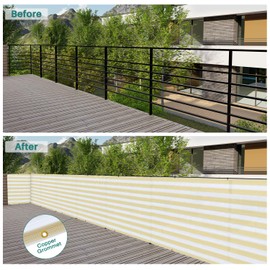 Bynbbur 3'x63' Balcony Privacy Fence Deck Fence Cover with Brass Grommets Shade Cloth for Apartments Railing, Patio, Backyard, Porch, Deck, Zip Ties Included, Beige and White Stripe