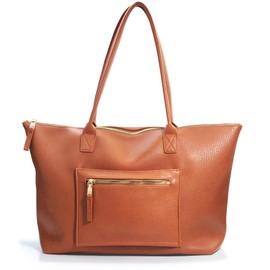 HOXIS Tote Bag for Women with Zipper Vegan Leather Handbag with Trolley Sleeve Travel Weekender Carryall Bag, Orange-brown