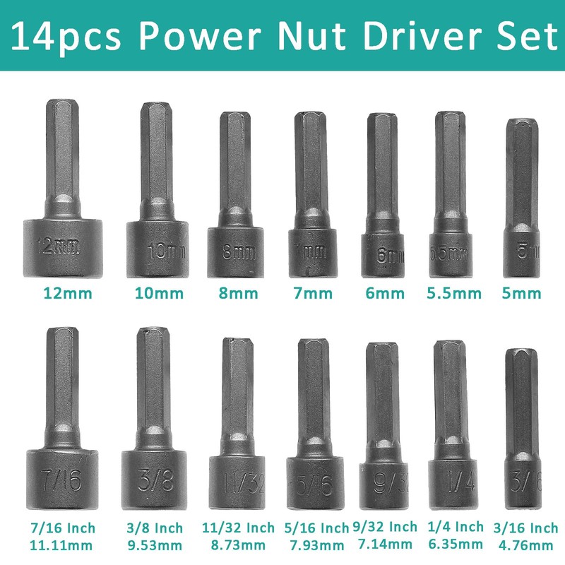 Aracombie 14pcs Power Nut Driver Set Metric & Imperial Hex