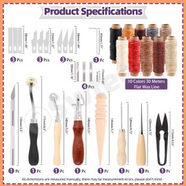 Swpeet 46Pcs Leather Kit, Leather Working Tools and Supplies, Leather Craft Tool Kit with Waxed Thread Groover Awl Stitching Punch, Tracing Wheel, Sewing Needles, Other Leather Crafting Tools