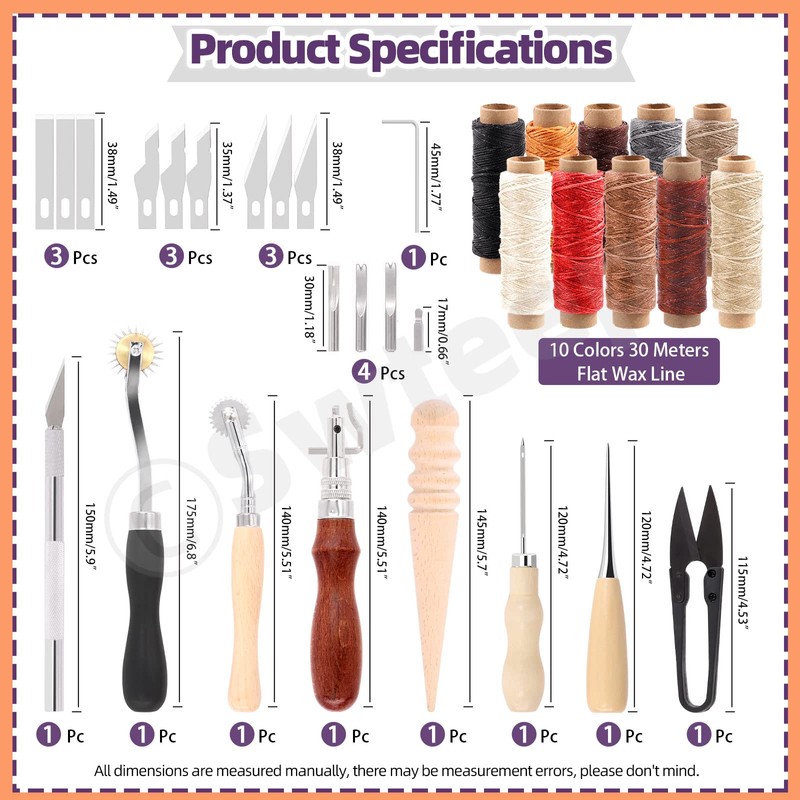 Swpeet 46Pcs Leather Kit, Leather Working Tools and Supplies, Leather