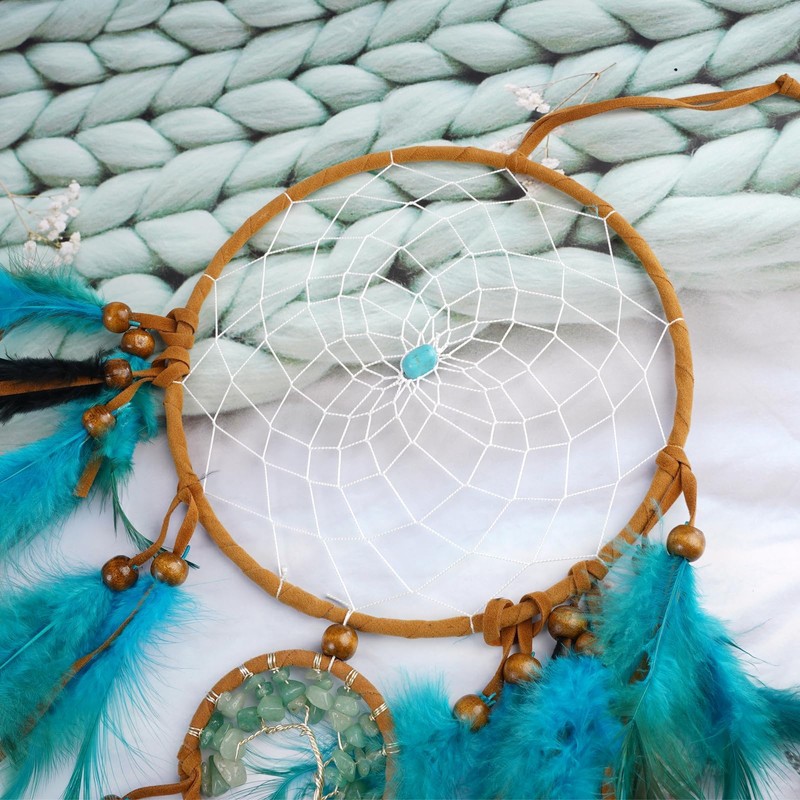 60CM Feather Dreamcatcher, Blue Tree of Life Double Circle Dream