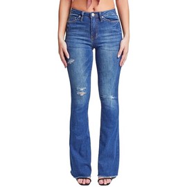 YMI Women's High-Rise Flare Bell Bottom Jean with Distressed Hem - Tall Long Inseam 34", N2073,9