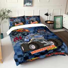 AILONEN Truck Duvet Cover Full Size, 3D Monster Truck on Blue Background Theme Bedding Set for Kids Boys,Off-Road Comforter Cover Soft Microfiber,3 Pieces,1 Quilt Cover and 2 Pillowcases