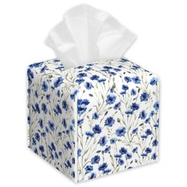 Watercolor Blue Cornflower Tissue Box Holder,Cube Tissue Box Cover Holder,Leather Facial Paper Organizer Dispenser Home for Bedroom Night Stands,Kitchen,Office and Car,5.2"×5.2"×5.2"