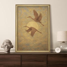 SIGNFORD Premium Framed Wall Art Two Cranes Flying Past The Sun Oriental Style Bird Illustrations Fine Art Farmhouse/Country Decorative Rustic Vintage Antique Classic for Bedroom - 26"x36" Gold