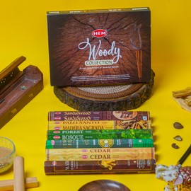 HEM Woody Series Premium Incense Sticks Combo | Sandalwood, Palo Santo, Forest, Feng Shui, Cedar & Madhur Chandan | 120 Sticks, 30-Minute Burn Time | Natural Aroma for Relaxation, Stress Relief