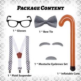 5Pcs Old Man Costume 100 Days of School Suspenders Bow Tie Glasses Mustache Eyebrows Set and Inflatable Cane for Boys Grandpa Dress Up Accessories Multi
