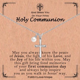 ACOGVN First Communion Gifts for Girls Catholic Cross Necklace First 1st Holy Communion Decorations with Communion Card for Teen Girls Daughter Granddaughter Niece Godchild