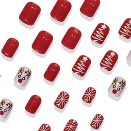 24Pcs Christmas Press on Nails Short Square Fake Nails Glitter Red Nose Elk False Nails Full Cover Glue on Nails with Xmas Tree Snowflake Designs Christmas Acrylic Nails for Women Winter Nails Decor