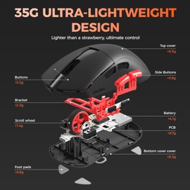 DAREU A950AIR WING Gaming Mouse, 1.2 oz (35 g), Ultra Lightweight, Wireless, 8K Polling Rate, 30,000 DPI, Equipped with Advanced PAW3950 Sensor, Wireless, 8000Hz Receiver, Small, Symmetrical