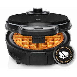 Chefman Anti-Overflow Belgian Waffle Maker w/Shade Selector, Temperature Control, Mess Free Moat, Round Iron w/Nonstick Plates & Cool Touch Handle, Measuring Cup Included, Black