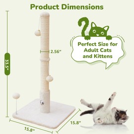 Woochpet Cat Scratching Posts 33" for Adults Cats, Cat Scratcher with Soft Fabric Covering Base and Durable Sisal Rope, Scratcher with Fun Mouse Hole and Cat Toy for Tall Cats (White)