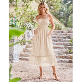 Women's 2025 Summer Boho Dress Square Neck Strapped Swing A Line Sundress Beach Long Maxi Outfits Apricot XL