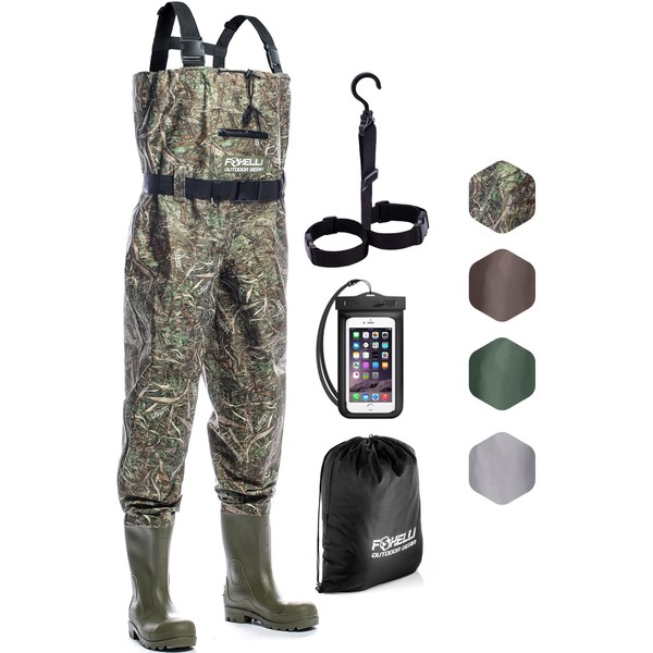 Foxelli Chest Waders – Waterproof 2-ply Nylon/PVC Camo Hunting Fishing