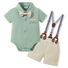 SANMIO Baby Boy Clothes Suit 0-24M Infant Gentleman Outfits Summer Short Sleeve Bowtie Bodysuit Shirts + Suspender Shorts Set