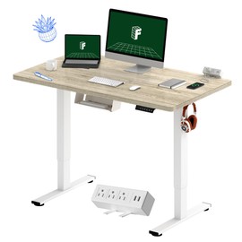 FLEXISPOT EN2 Whole-Piece Standing Desk with Clamp Power Strip, 48 x 24 Electric Stand Up Height Adjustable Desk with Cable Management (White Frame + 48" White Wood Grain Desktop)