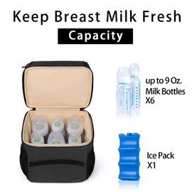 Teamoy Breastmilk Cooler Bag with Ice Pack, Fits 6 Baby Bottles Up to 9 Ounce Bottle Bag, Upright Bottle Cooler with Strap for Nursing Mom Daycare, Black