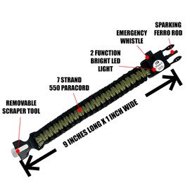 Spark and Shine Paracord Bracelet - Olive DRAB - Bright LED SOS Light and Ferro Rod with Scraping Tool - Emergency Survival Whistle - 550 Paracord - Perfect Tool for The Outdoors (1)