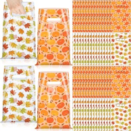 SilTriangle 100 Pcs Thanksgiving Fall Gift Bags Maple Leaves Plastic Party Favor Bags with Handle Autumn Pumpkin Goody Treat Candy Pouches for Thanksgiving Party Supplies Gift Wrap