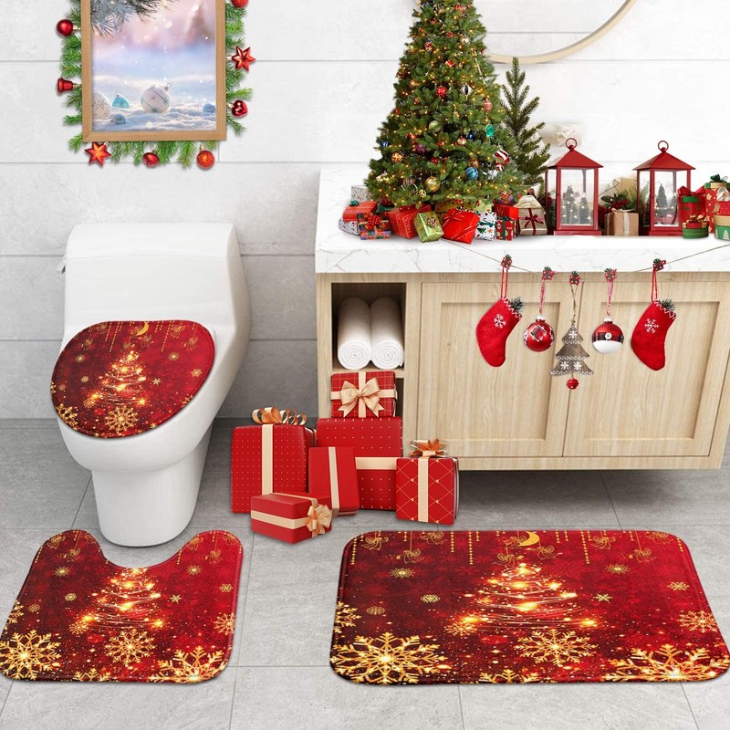 Nesphy Bathroom Sets with Shower Curtain and Rugs, 4 Pcs,Christmas
