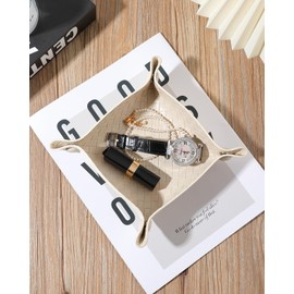 Valet Tray PU Leather Catch All Trays Desktop Storage Organizer Travel Dish Plate for Jewelry Key Wallet Watch Coin (10-Beige-1PC)