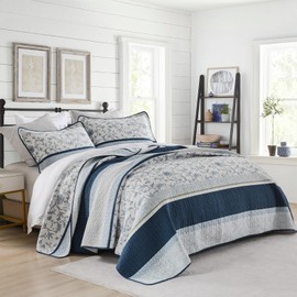 SOElinens Quilt Queen Size - Navy/Blue Quilt Set with Matching Shams, Vintage Floral Design Farmhouse Bedding Bedspread, 3 Pieces 100% Cotton Lightweight Coverlet Home Decor for All Season