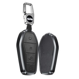 TECART Aluminium Alloy Car Key Case Cover Fits BYD Song Plus Atto 3 Han EV Tang DM Qin Seal Dolphin Cowhide Car Key Cover Accessories 4 Buttons Black, black