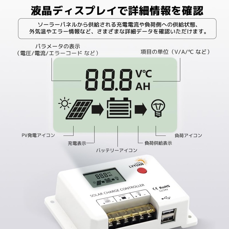 LVYUAN PWM 40A Solar Charge Controller, 12 V 24 V,