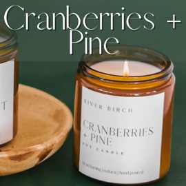 River Birch Candles Cranberries + Pine Scented Candle | Premium, All-Natural, Non-Toxic, Soy Amber Jar Candles | 8.5oz 40 Hr Burn Time | Cozy Relaxing Gifts for Home