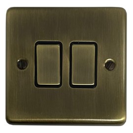 G&H Brassware CAB302 2-Way Two Gang Antique Brass Light Switch - Metal Rockers and Black Inserts