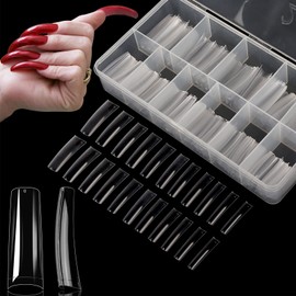 Yokilly Clear Coffin Nails Tips, 550PCS Long C Curved Nail Tips for Acrylic Nails Professional, Half Cover Square Soft Gel Fake Nail Tips for Dip Powder Nail Salons and DIY Nail Art
