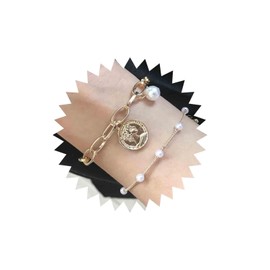 Aneneiceera Boho Disc Coin Bracelet Pearl Bracelet Freshwater Gold Paperclip Chain Bracelet Everyday Bracelet Minimalist Hand Chain Jewelry Gifts for Women Bridesmaid Gifts(Coin)