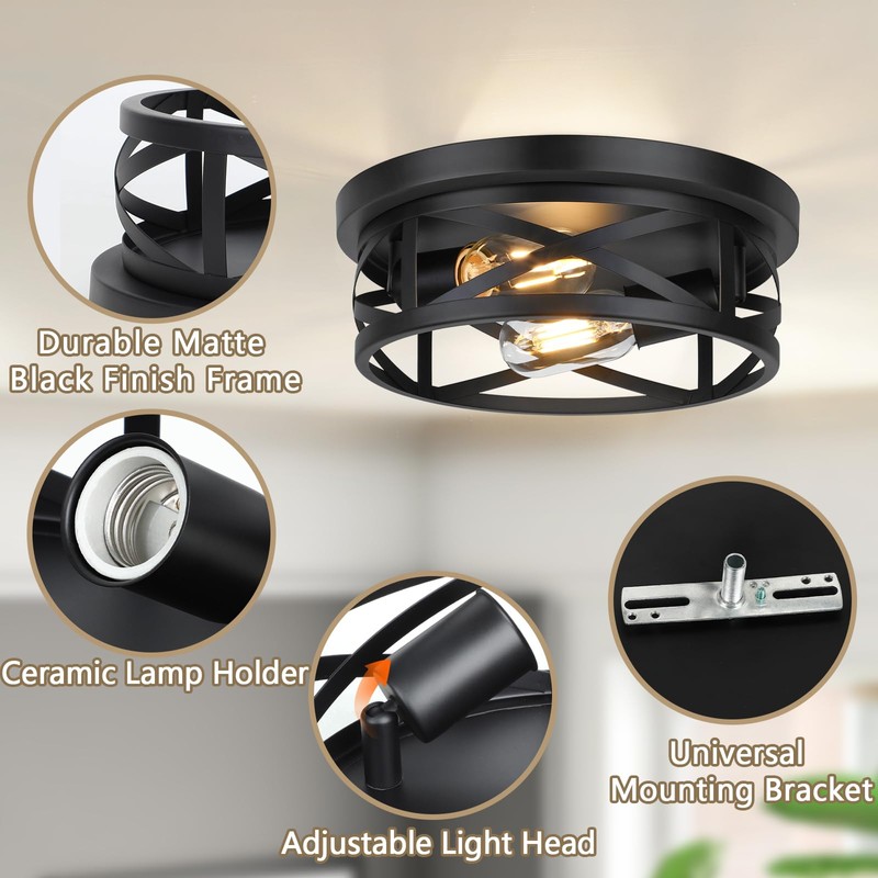 2-Light Flush Mount Ceiling Light Fixtures, 2-Pack Farmhouse Black Ceiling
