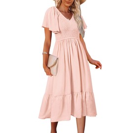 MEROKEETY Women's 2024 Summer Ruffle Sleeve V Neck Pleated Smocked Midi Dress with Pockets, Pink, S