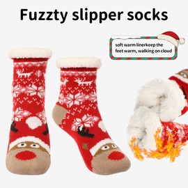 3 Pairs Christmas Slipper Socks For Kids, Caudblor Fuzzy Kid Non Slip Slipper Socks With Grippers, Thick Fluffy Children Christmas Socks For Boys Girls, Cozy Indoor Winter Socks For 3-5 6-8 9-12 Year