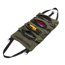 16 oz Waxed Canvas Tool Roll - Heavy Duty Tool Roll Bag with 5 Zip Compartments, Quick Release Buckle | Military Green | Ideal for Craftsmen, DIY Projects