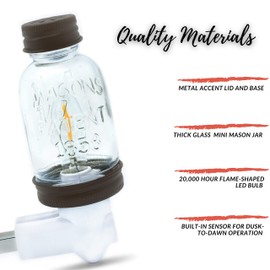 Rustic LED Mini Mason Jar Night Light in Bronze | Auto On/Off Sensor | Farmhouse Wall Decor | Quality Constuction | Energy Efficient LED Bulb | Timeless Design | Plug in Light Fixture for Home