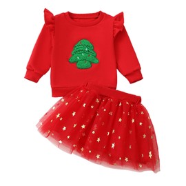 FIOMVA Toddler Girl Christmas Outfit Costume Santa Baby Sweatshirt SweaterTop+Tulle Tutu Skirts KIds Little Girl Dress Xmas Clothes (Red Christmas Tree, 2-3T)