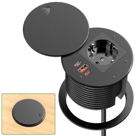 Einbausteckdose mit 2 USB C PD 35W und USB A QC 30W, Einbau Steckdosenleiste mit USB und Abdeckung, Versenkbare Steckdose für Möbel Arbeitsplatte, 1,8m Kabel, Schwarz