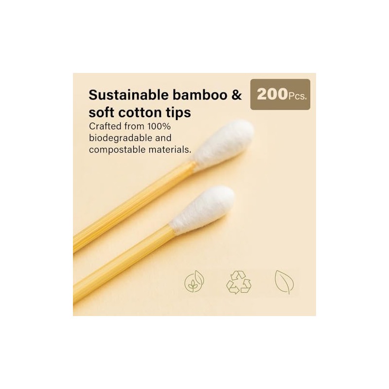 200 Pcs Bamboo Cotton Buds Eco Friendly Biodegradable Swabs with