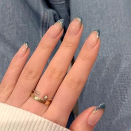 SXVME Glitter Cateye Blue French Tip Medium Almond, Soft Gel Press on Nails with 3D Gold Lines Design, Sparkle Acrylic Fake Nails Press ons, Natural Nude Stick on Nail for Women Daily Wear 24 Pcs