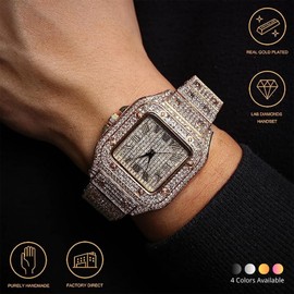 HALUKAKAH Diamonds Gold Watch Iced Out, Men's 18K Real Gold Plated 40MM Width Square Dial Quartz Wristband 24cm, Free Giftbox