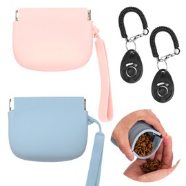 2 pcs Silicone Dog Treat Pouch Portable Pet Snack Pouch for Dog and Cat, Auto Closure, with Pet Training Clicker, Pocket Size,Easy to Clean,Odorless for Pet Travel Use (Light Blue and Pink)