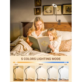 Clip on Lamp,5 Colors+10 Brightness LED Desk Lamp with Clamp,550lm Bright Clip on Light for Bed Headboard/Bedside Table,360°Adjustable Reading Light for Bed,Desk Lights for Home Office Study [Adapter]