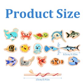 Magnetic Fishing Game Wooden Toy, 1 Set 15 Pieces Magnetic Wooden Puzzles Fishing Toy, Montessori Wooden Toy, with 1 Fishing Rod, for Girls, Boys, Kids, Multicoloured, Random Style