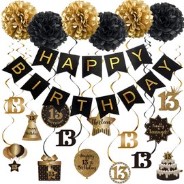 Szhuiher Happy 13th Birthday Hanging Swirls Streamers Decoration, Happy Birthday Banner with Tissue Pompoms, Black and Gold 13 Years Old Birthday Party Hanging Backdrop Decorations