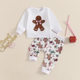 Loalirando Toddler Baby Boys Girls Christmas Outfit Embroidery Long Sleeve Sweatshirt with Gingerbread Man Print Sweatpants Set Fall Winter Xmas Clothes (White, 2-3 Years)