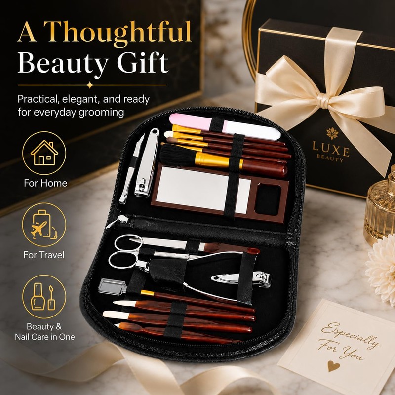 18 Piece Ladies Manicure & Makeup Set in Black Zipped